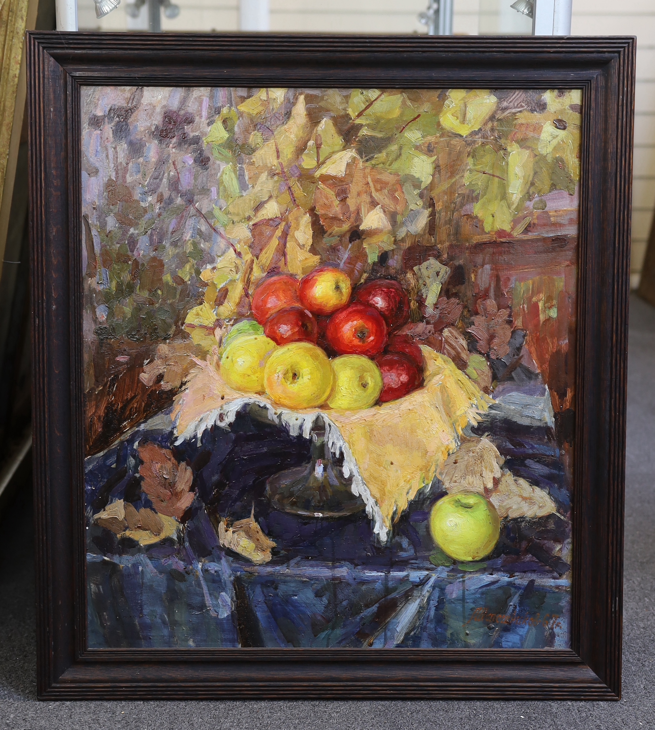 Mikhail Alexandrovich Shaposhnikov (Ukrainian, 1909-1989), Still life of apples in a bowl upon a table top, oil on card, 67 x 58cm